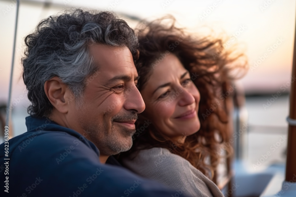 Smiling senior couple in love enjoying a romantic sunset on yacht in the sea, Generative AI