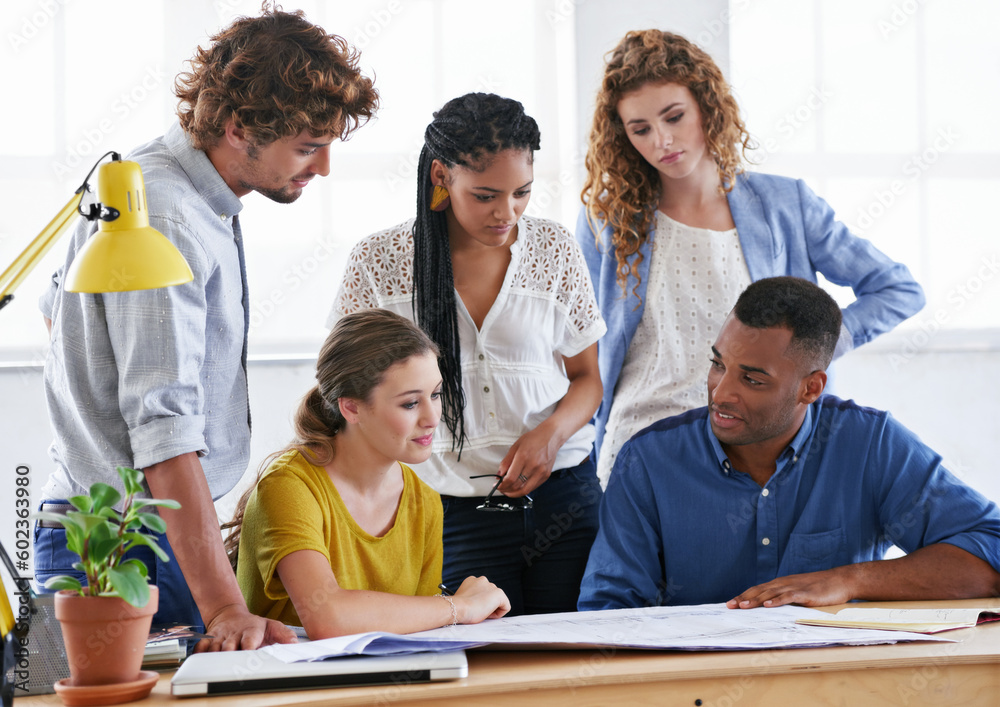 Obraz premium Business people, blueprint and meeting in collaboration for planning, architecture or construction at office. Architect group working on paperwork for project or floor plan together at the workplace