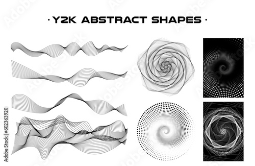 Set of abstract aesthetic y2k geometric elements and wireframe shapes. Black and white retro line design elements. Vector isolated illustration for social network or poster on transparent background.