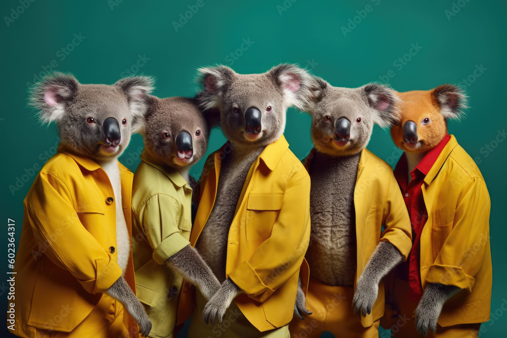 koala bear boy band with colorful suit created with Generative AI technology