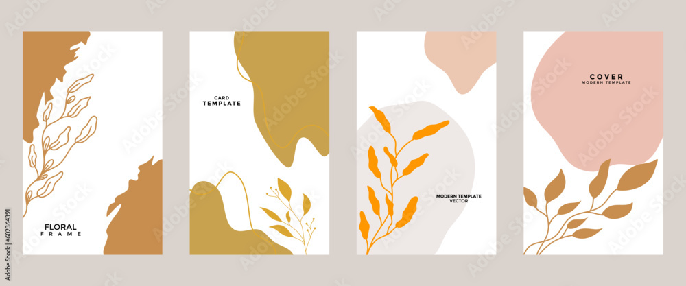 Trendy floral background with organic shapes and minimal floral elements. Vector template for wedding invitation, social media, banner, advertisement, card, cover, poster