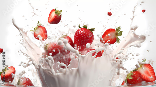 Fresh strawberry yogurt, splash, front view.