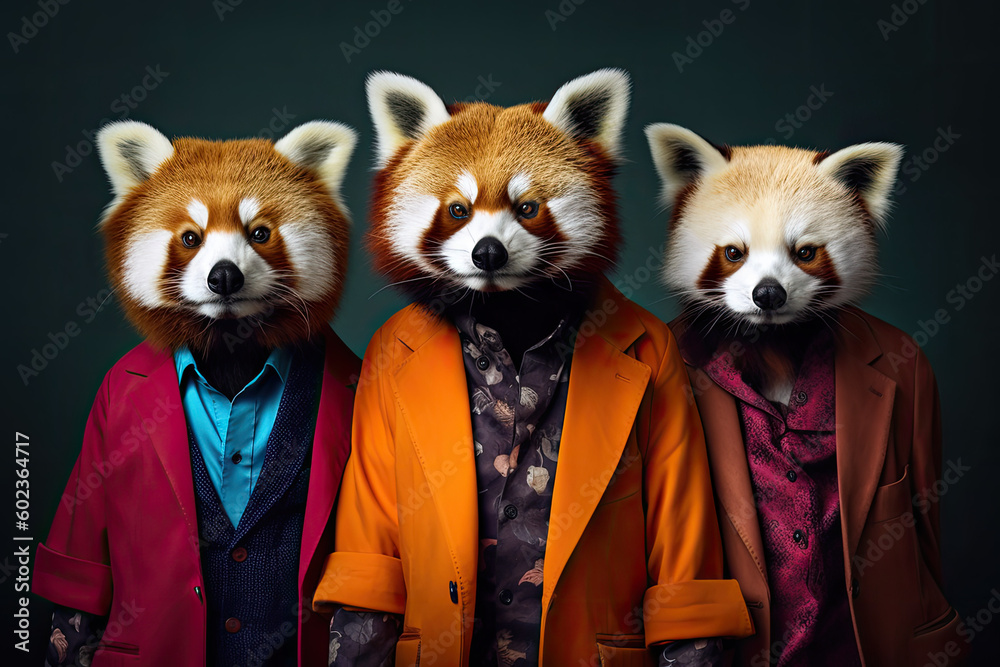 Red panda boy band with colorful suit created with Generative AI technology Red panda boy band with colorful suit created with Generative AI technology