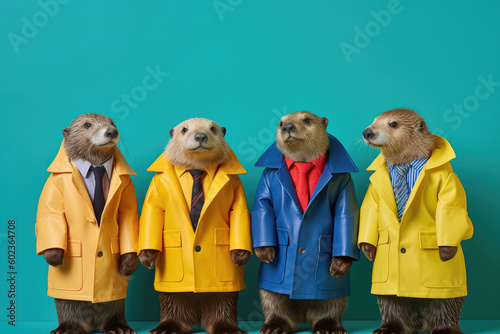 sea otter boy band with colorful suit created with Generative AI technology