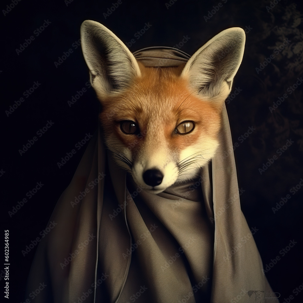 Fototapeta premium A red fox wearing a cloak and looking at the camera. Generative AI. Fox as a nun.