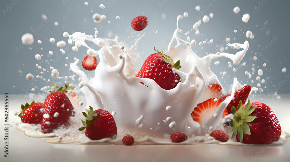 Fresh strawberry yogurt, splash, front view. Fresh strawberry yogurt, splash, front view.