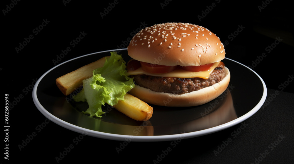 Closeup of hamburger on wooden table with blurred background, Generative AI Closeup of hamburger on wooden table with blurred background, Generative AI