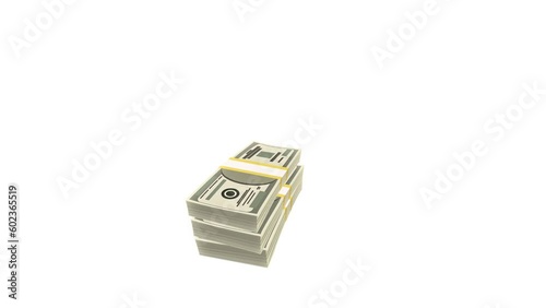 Piles of paper money grow up animation on white background.