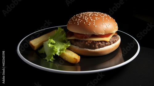 Closeup of hamburger on wooden table with blurred background  Generative AI