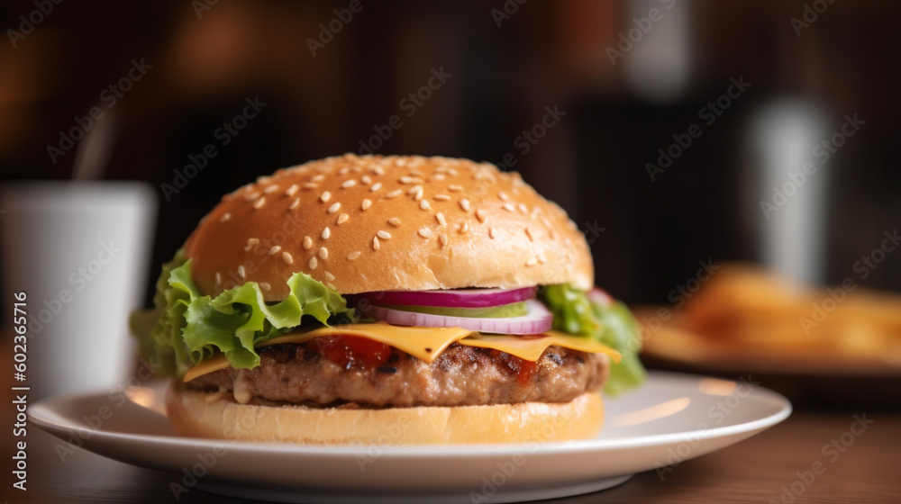 Cheese burger - American cheese burger with Golden French fries on wooden table, Generative Ai