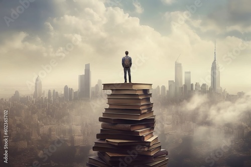 A writer standing on a giant stack of books, with a city skyline visible in the background, creating a surreal and metaphorical image of a writer's knowledge and creativity. Generative AI photo