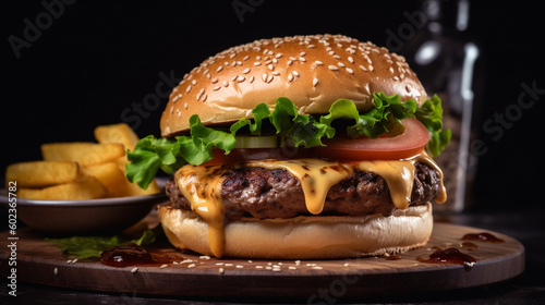 Cheese burger - American cheese burger with Golden French fries on wooden table, Generative Ai