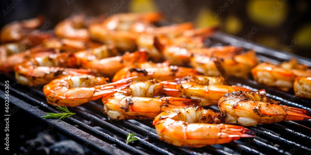 Shrimp on the grill. Generative AI Shrimp on the grill. Generative AI