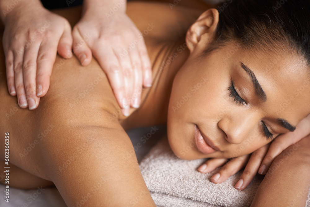 Woman, sleeping or hands for back massage in spa to relax for zen resting or wellness physical therapy. Face of girl in hotel salon for body healing treatment or natural holistic detox by masseuse