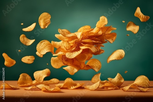 Flying and falling crispy wavy potato chips. Generative AI