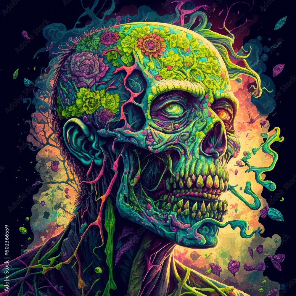 Psychedelic bald colored zombie head, colorful art