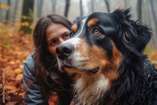 Close up of a woman hugging her dog bernese shepherd in a autumn forest