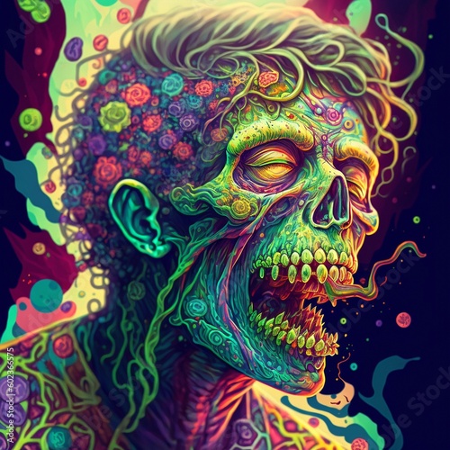 Psychedelic bald colored zombie head  colorful art