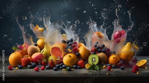 Rainy autumn landscape with raindrops falling on fruits, generative ai. photo