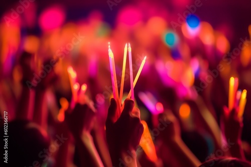 A close-up shot of hands holding glow sticks in the air at a rave party with a blurry crowd of people dancing in the background. Generative Ai photo