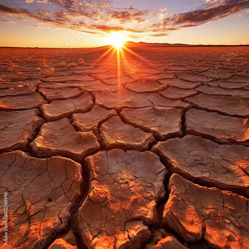 Cracked mud sand in a desert flood plain against a golden sunset background mud cracks. A.I. generated.