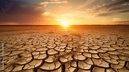 Cracked mud sand in a desert flood plain against a golden sunset background mud cracks. A.I. generated.