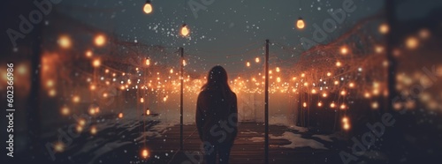 lonely girl at christmas. Christmas lights in the background, in the style of moody tonalism, creative commons attribution, casey childs, redscale film, sparklecore, created with generative ai