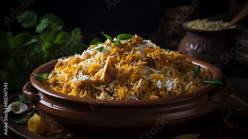 Biryani in Bowl, Desi Indian Food Biryani Rice in bowl, Generative Ai