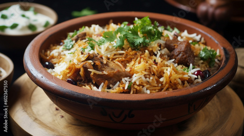 Biryani in Bowl, Desi Indian Food Biryani Rice in bowl, Generative Ai