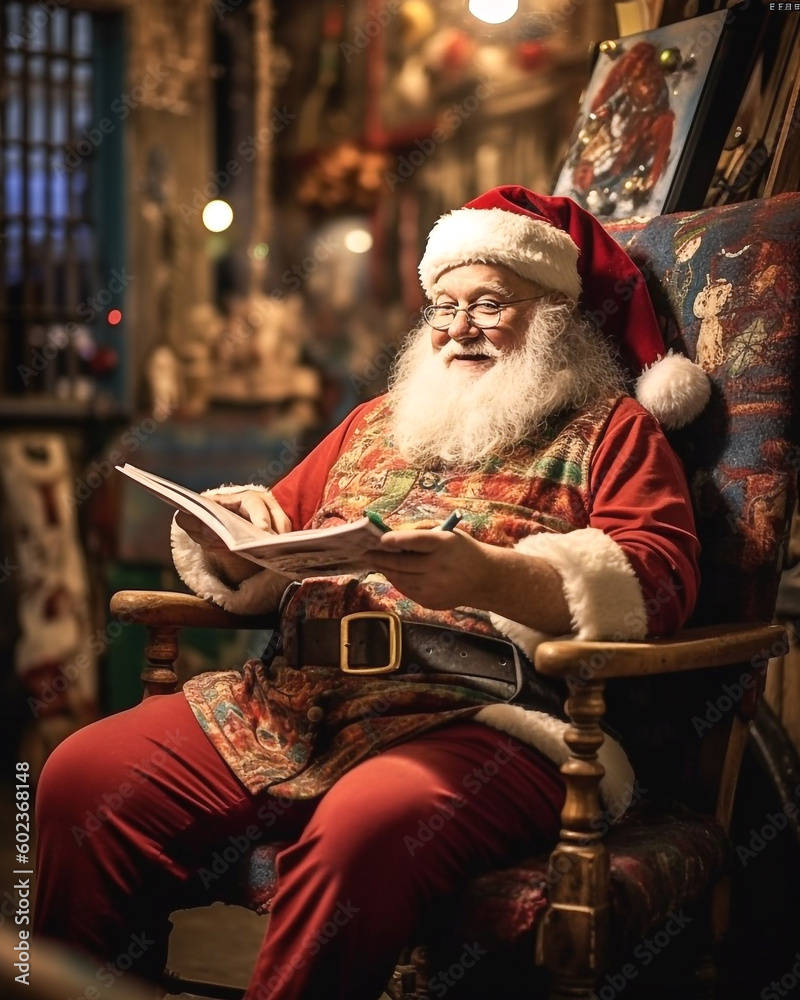 A smiling, chubby Santa Claus is sitting in a cozy chair in his workshop, holding a little book - ai generative