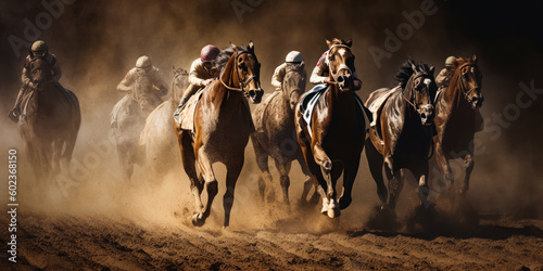 Beautiful horses and jockeys taking part in the race. Sporting event on the dusty hippodrome. Generative AI.