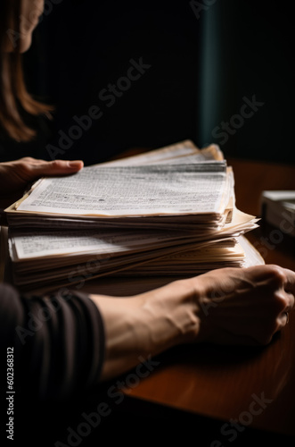 Woman sitting at the desk with a pile of papers in front of her. Paper work concept. Generative AI.