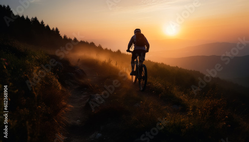 Lonely bicyclist riding by the grassy hill at sunset. Rear view. Mountain biking concept. Generative AI.