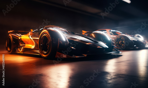 Beautiful shiny racing cars with flares of light. Sport automobiles indoors. Generative AI. © Vadim