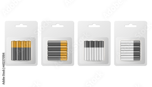 Vector 3d Realistic Four Alkaline Battery in Paper Blister Icon Set Closeup Isolated. AA Size, Horizontal and Vertical Position. Design Template for Branding, Mockup. Vector Illustration