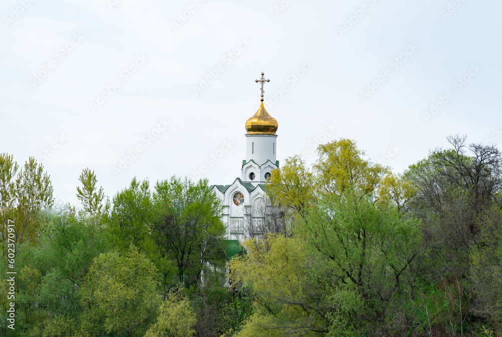 Church with golden domes and place religion of orthodox christian. Beautiful landscape with green park in middle of river. View of monastyrsky island with church of saint Nicholas in Dnipro Ukraine.
