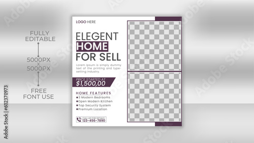 Real estate Home sale social media post or square banner template. Editable real estate house sale and home rent advertising geometric modern square Social media post 