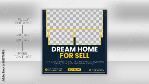 Real estate Home sale social media post or square banner template. Editable real estate house sale and home rent advertising geometric modern square Social media post banner 