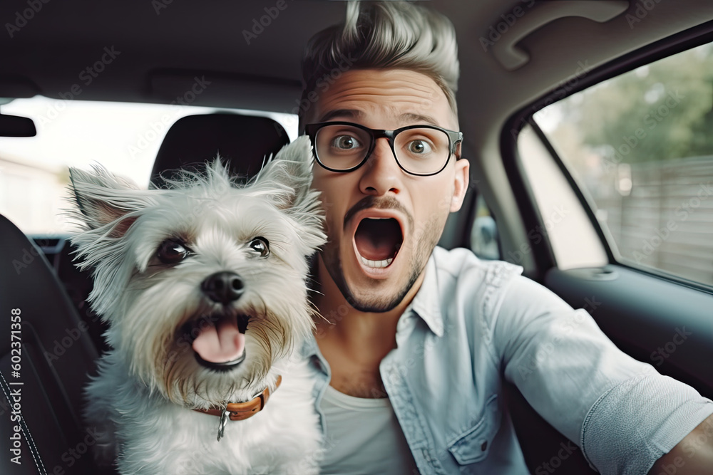 Millennial man with shouting squeamish grimace on his face holds fluffy