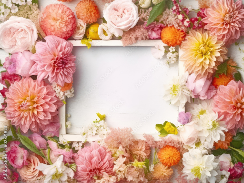 Top view of Colorful flowers with empty frame Top view of Colorful flowers with empty frame