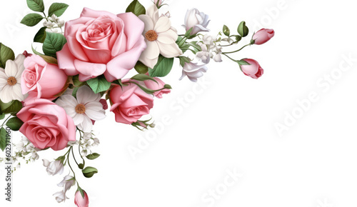 Photorealistic of a cute flower corner frame on white background with roses © Tatiana