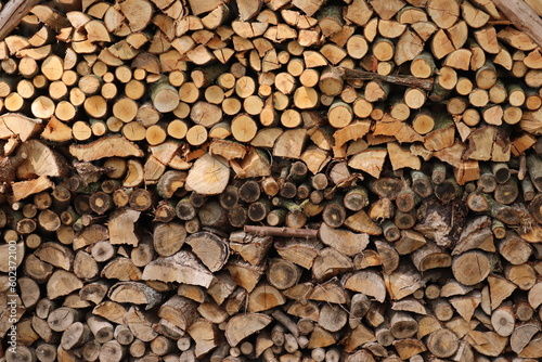 Screen-filling close-up of a woodpile