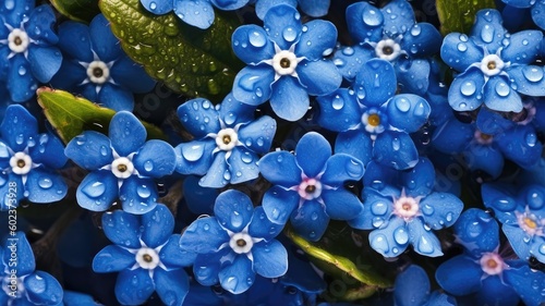 closeup fresh myosotis  forget-me-not with droplets of water background seamless generative AI 