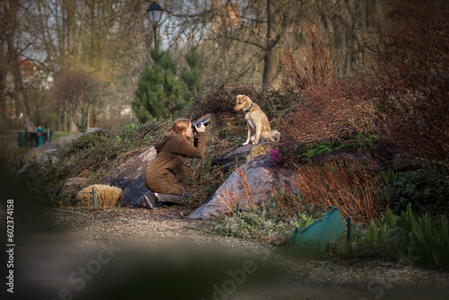 Obraz na płótnie Beautiful blonde girl photographs dog in the park w salonie