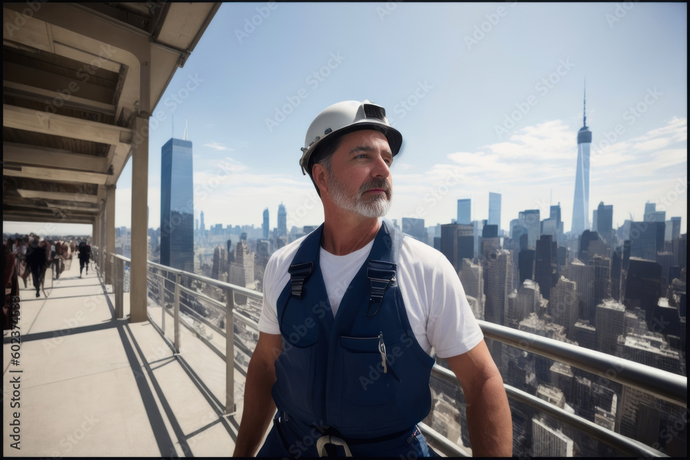 Portrait of the brutal middle age, bearded man industrial climber. Generative AI Portrait of the brutal middle age, bearded man industrial climber. Generative AI
