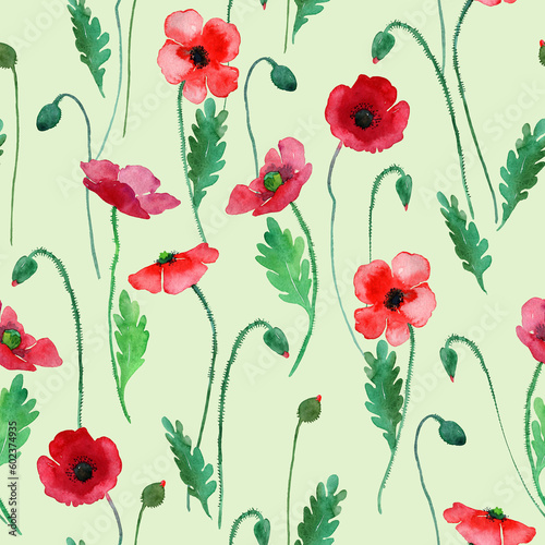 Watercolor delicate wildflowers, wild red poppies floral seamless pattern. Blooming meadow tile. Hand drawn elegant, botanical background. Repeatable texture, wrapping paper,wallpaper, fabric, textile © TanyaOak