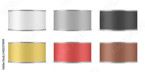 Set of tin cans for pet food, meat or fish preserves. White, gray, black, gold, red and brown labels. Cat or dog food mockup