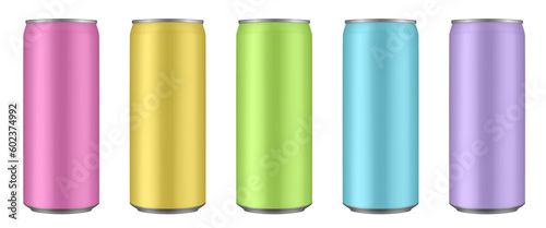 Set of pink, yellow, green, blue and purple tin cans of energy drink, juice or soda. Cocktail of fitness drink. Cold beverages