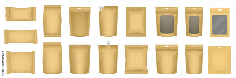 Set of realistic pouch mockups. Gold flow pack, sachet, zip bag and doypack. Ice cream wrapper. Sheet mask sachet. Soap or wet wipes packaging. - obrazy, fototapety, plakaty 