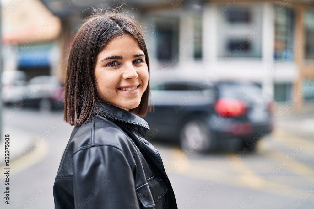 Young beautiful hispanic woman smiling confident standing at street Young beautiful hispanic woman smiling confident standing at street